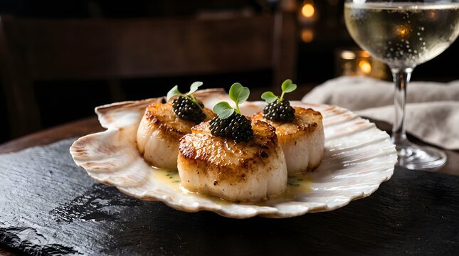 Seared scallops topped with black caviar and microgreens served on a shell with white wine