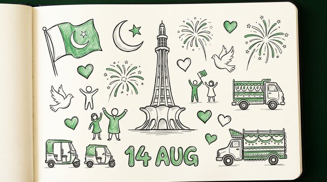 Black‑and‑white illustration for Pakistan Independence Day with flag, Minar‑e‑Pakistan, Badshahi Mosque, Quaid Mausoleum, fireworks, hearts, doves, rickshaws, truck, people waving flags, text &ldquo;14 AUG 