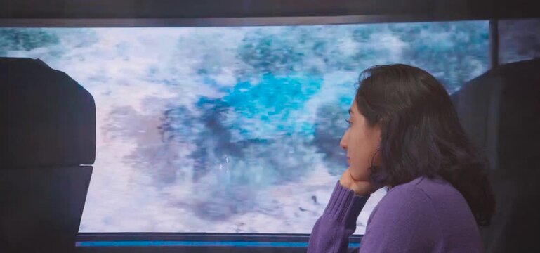 A young woman traveling alone on a train; she is looking out at the scenery; she is deep in thought