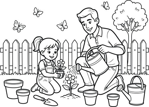 Charming gardening coloring pages design father and daughter planting flowers ideal for kids and family activities