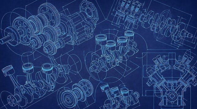 Intricate technical blueprints illustrating complex internal combustion engine components, showcasing precision mechanical engineering and automotive design schematics