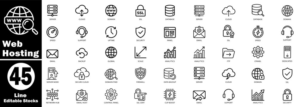 Web hosting and cloud data server line icon set for network technology symbol. Editable Stocks. Vector Illustration.