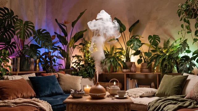 Slow tracking dolly pan shot of diffuser steam rising from tabletop teapot beside sofa and cushions among potted plants in cozy boho living room at evening