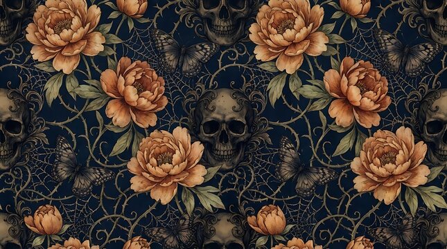 Seamless pattern with blooming orange flowers and human skulls on a dark background for gothic fashion prints