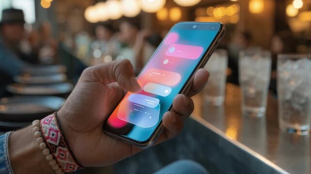Focused shot of a hand holding a phone featuring a notifications screen from a portal search app set against a blurred indoor background.