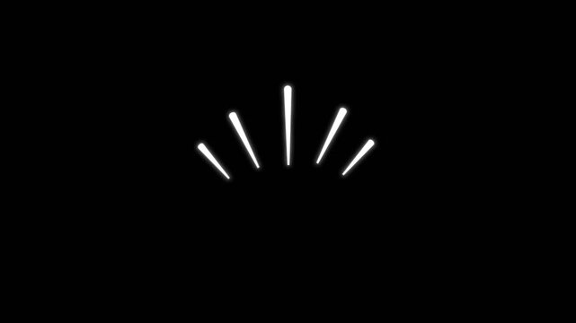 Five glowing white rays expand upward in a curved arrangement loading or signal animation. for buffering screens, connection indicators, alert graphics, startup sequences, waiting modern interface