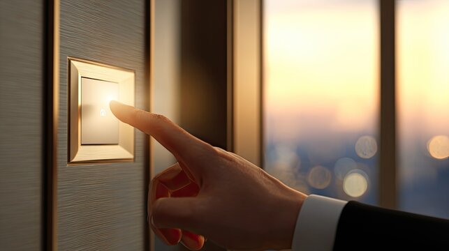Close finger touching a wall switch beside a window at sunset, lighting control, smart home technology, energy saving, modern comfort