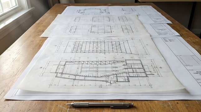 Detailed architectural plans on a wooden table, showcasing intricate designs for future construction projects and urban development, embodying meticulous planning