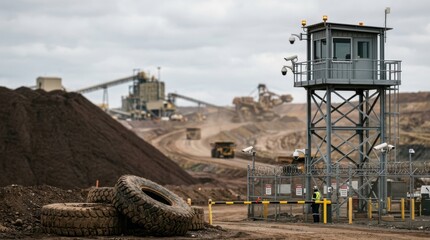 Fototapeta premium Guard tower, surveillance cameras, perimeter fencing, barriers, warning lights, and heavy tires at an ore stockpile for mine site security