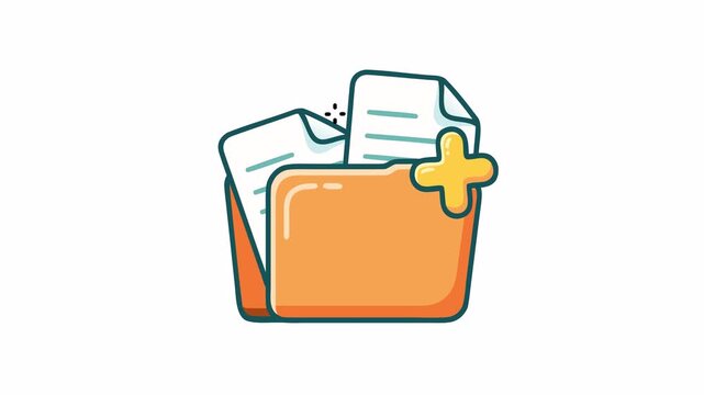 Animation orange file folder with white paper documents and a yellow plus sign for adding files or data storage