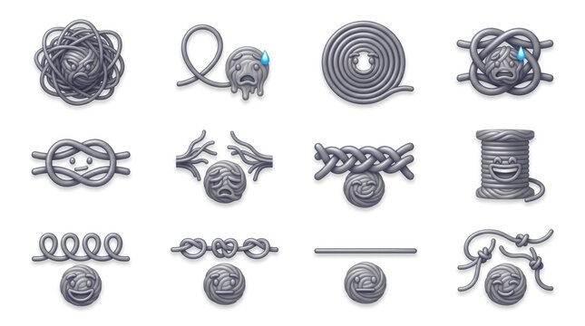 Mental Health Concept Icons with Rope and Knot Metaphors on White Background