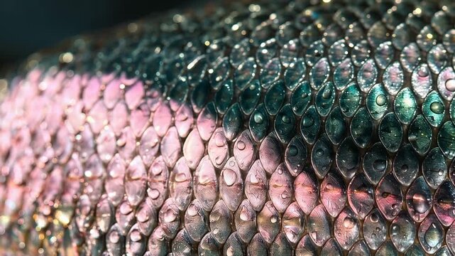 Macro tracking shot of fish scales glistening with water droplets, iridescent colors shifting across wet skin in studio aquarium close up, calm daytime study