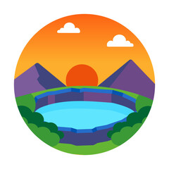 Obraz premium Round lake surrounded by mountains, sunset sky, and calm water.