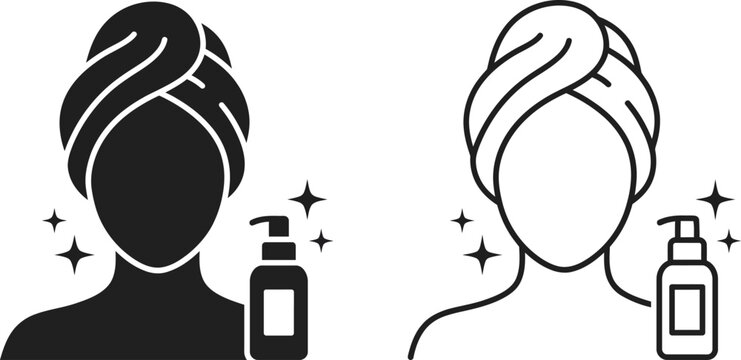 Beauty spa icons of a woman with a towel on her head and lotion bottle, available in solid and outline styles.