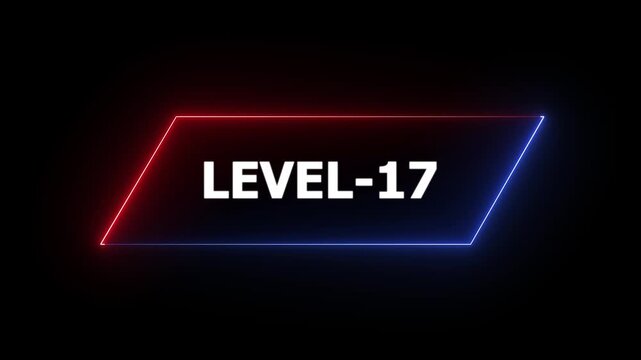 Glowing neon Level-17 text animation on black background. Game concept next level. Level Up text in the neon frame . Neon level up text animation .4k motion video.