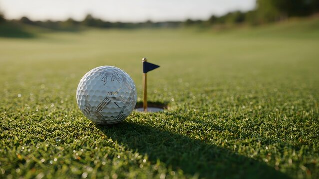 Golf ball with gold circuitry on green &ndash; Ideal for luxury golf, sports analytics, and putting.