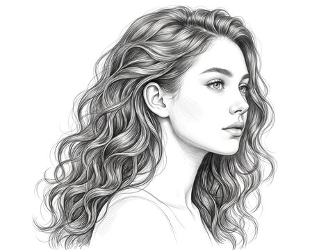 Pencil Sketch Portrait of a Beautiful Young Woman with Long Curly Hair