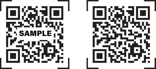 Fototapeta premium QR code scan icons set for mobile digital payment, quick response barcode frame signs with sample text, smartphone scanning technology vector illustration, contactless data transfer collection