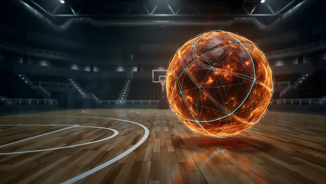 Energy basketball caged by holographic lines &ndash; Suitable for indoor sports, basketball, and tech.