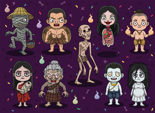  Thai ghosts and mythical monsters cartoon characters set vector illustration.