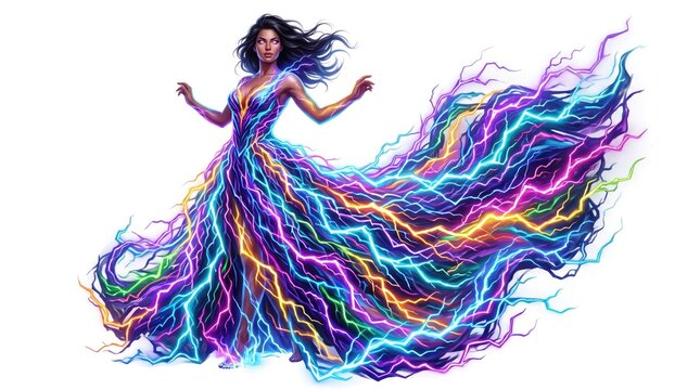 Fantasy Woman in Colorful Lightning Bolt Gown Isolated on White Background