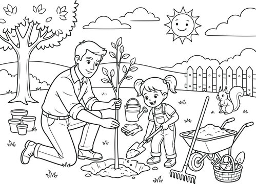 Family planting a tree coloring page design educational activity for kids adults printable line art