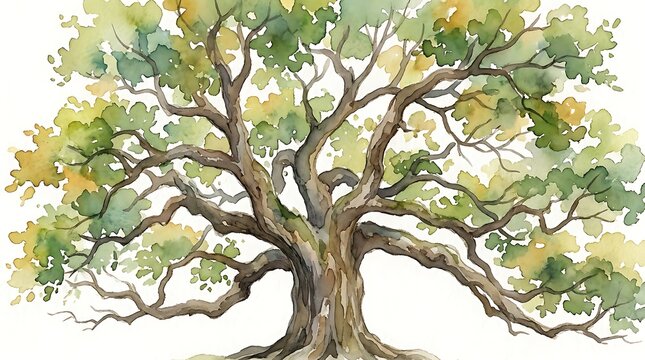 Large spreading oak tree with green leaves and thick branches in a hand drawn watercolor painting illustration