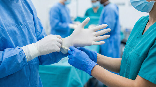 Surgical team preparing for an operation as a healthcare professional assists a surgeon with sterile gloves in a modern operating room.