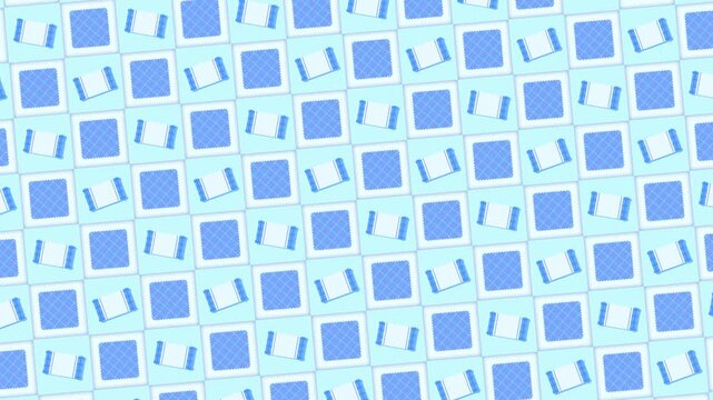 青色の布団と枕が交互に並んだ背景素材／A background featuring blue futons and pillows arranged in an alternating pattern