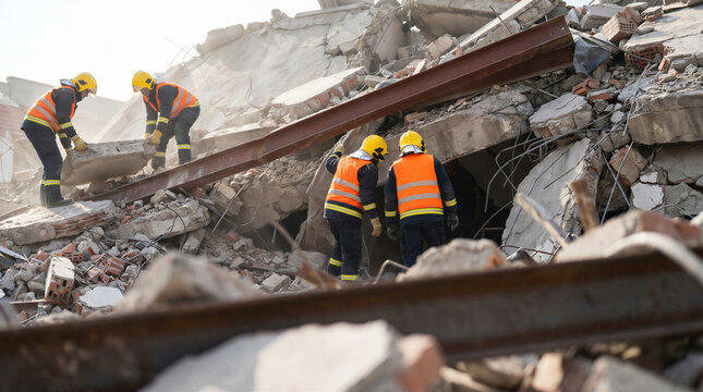 Emergency rescue workers searching through rubble of a collapsed building after a major structural disaster.