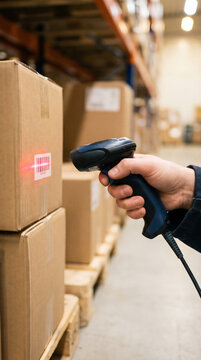 Close up of a worker scanning a barcode on a cardboard package for inventory tracking in a warehouse.