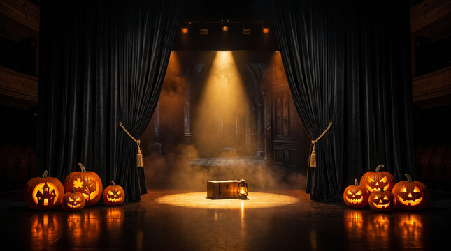 Halloween stage with carved pumpkins. Festive theater scene with glowing jack-o-lanterns.