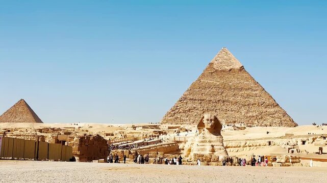 The Great Sphinx guards the pyramids of the pharaohs at Giza.