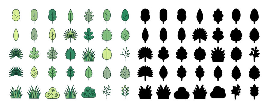 Minimalist green tree icons and black silhouettes, 70 nature plant symbols for landscape architecture, flat vector foliage elements for maps