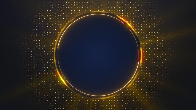 Golden circle particle frame glowing ring, dark center space, dotted light field, premium digital shine. Perfect for luxury intros, logo reveals, award videos, business titles, and cinematic overlays.