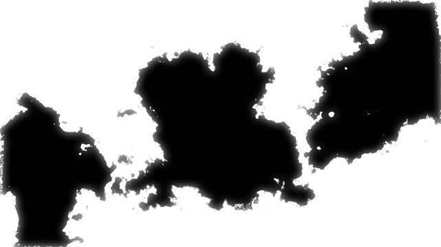 Dramatic ink blot burst transition, dark grunge smoke paint stroke effect for cinematic opener slideshows, abstract textured splash frame graphics design template on white background. 4k video