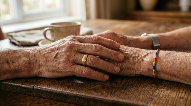 Wrinkled hands of an elderly lesbian gay couple resting on table. One is wearing a classic gold wedding band, the other wears a subtle rainbow beaded bracelet. Beautiful symbol of commitment LGBTQ
