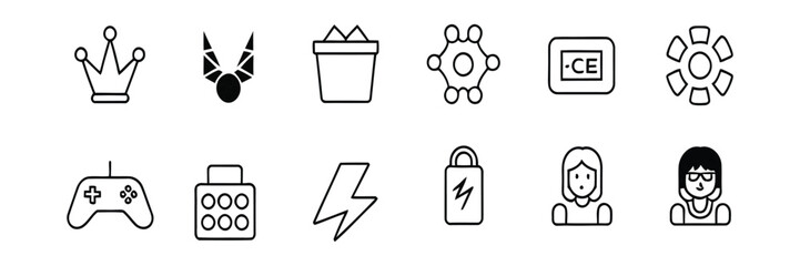 Comprehensive collection of linear icons depicting various concepts including crowns fantasy jewelry gifts networking connectivity CE marking gear settings gamepad device module lightning bolt lock. © Mdshohag