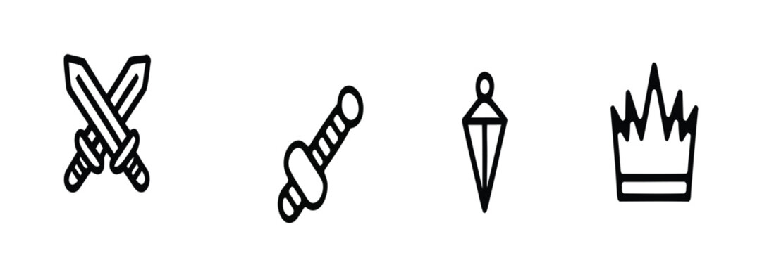 Collection of four distinct line art symbols featuring crossed medieval swords a single classic dagger a sharp pointed kunai tool and a royal crown representing fantasy gaming weaponry and royalty 