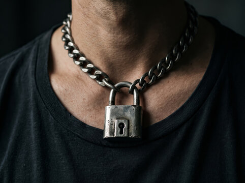 Person Wearing Heavy Silver Chain Necklace with Large Metal Padlock Pendant
