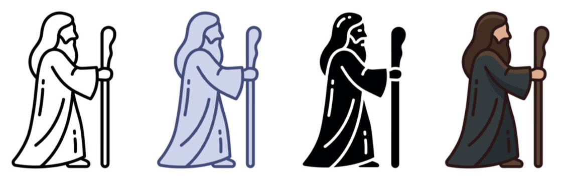 Prophet icons set. Religious figure and ancient wisdom concept. Includes man with long hair, beard, robe, staff, walking stick. Flat, line, and solid styles