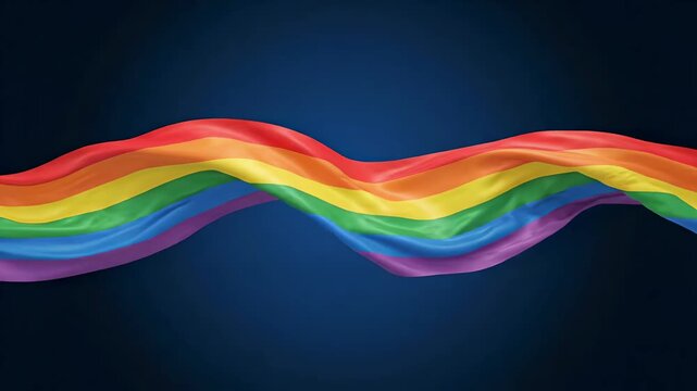 Vibrant rainbow pride flag flowing gracefully across a dark blue studio background
