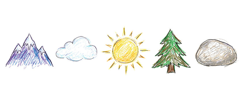 Nature element icons set. Outdoor landscape and environment concept. Includes mountain, cloud, sun, pine tree, rock. Hand-drawn doodle style