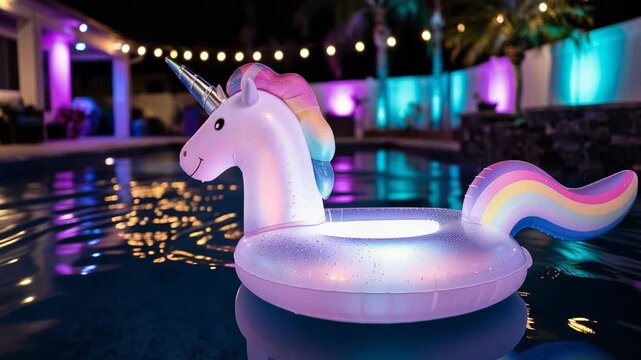 Slow motion panning shot of inflatable unicorn float bobbing and glowing in backyard swimming pool at night with colorful string lights and reflective water