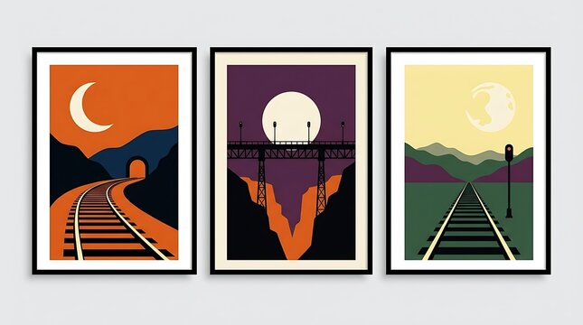 Spooky halloween template wall art set vintage railway moon designs