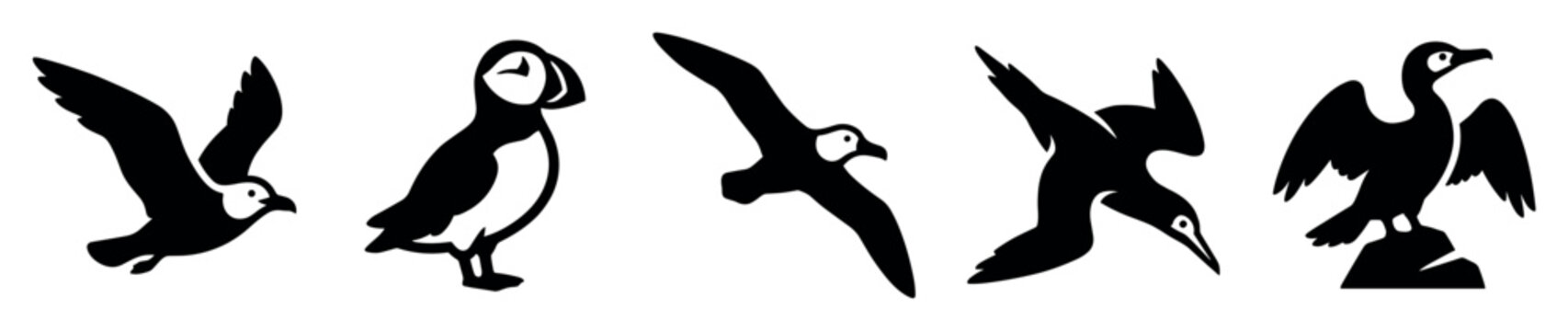 Seabird icons set. Marine wildlife and avian fauna concept. Includes flying bird, puffin, albatross, gannet diving, cormorant on rock. Solid black silhouette style