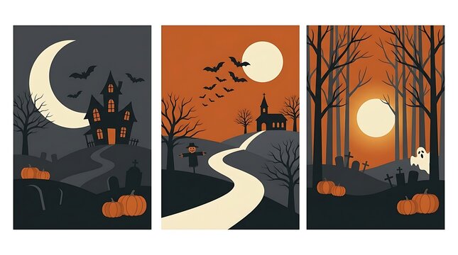 Spooky halloween template triptych haunted house cemetery ghostly night scenes