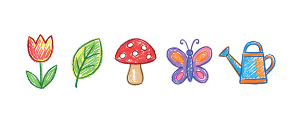 Obraz premium Nature and garden icons set. Children's drawing and spring concept. Includes tulip flower, green leaf, mushroom, butterfly, watering can. Hand-drawn crayon style