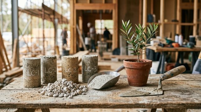 Low-carbon concrete core samples, crushed limestone, slag powder, plant, trowel, and aggregate for sustainable housing materials.