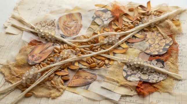 Wheat starch collage with kernels, granules, cellulose strands, amylose helix forms, and lab-paper textures.